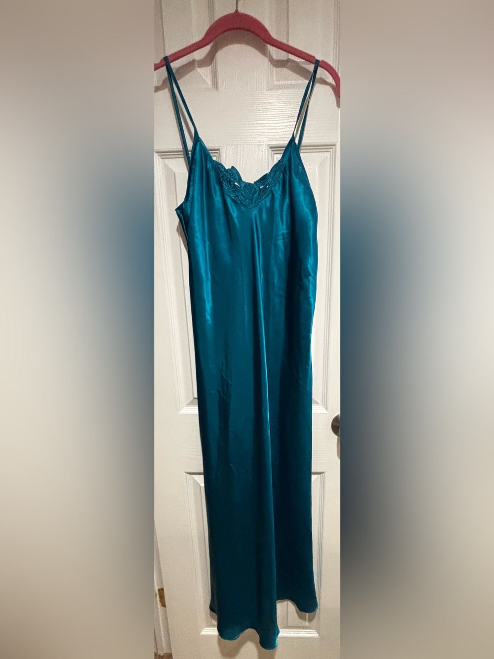 Vintage Nordstrom Teal Satin Lace Maxi Slip Dress Nightgown Size M